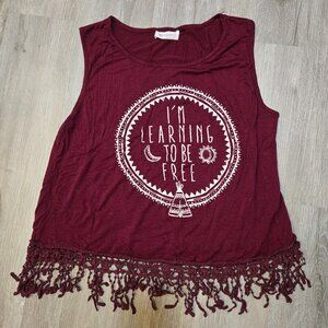 French Pastry Women's Tassle Crop Tank Top Size XL "I AM LEARNING TO BE FREE"